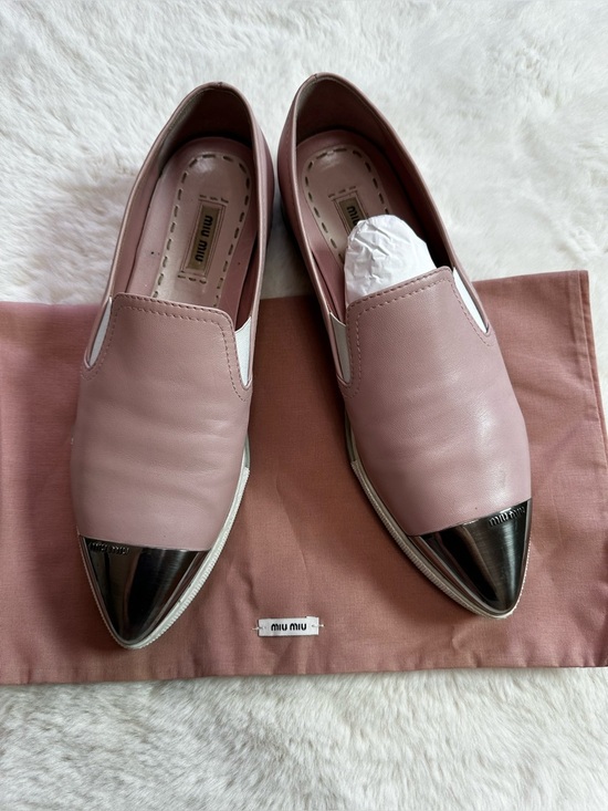 Miu Miu Shoes - Miu Miu Blush Leather Loafers with Silver Toe-used